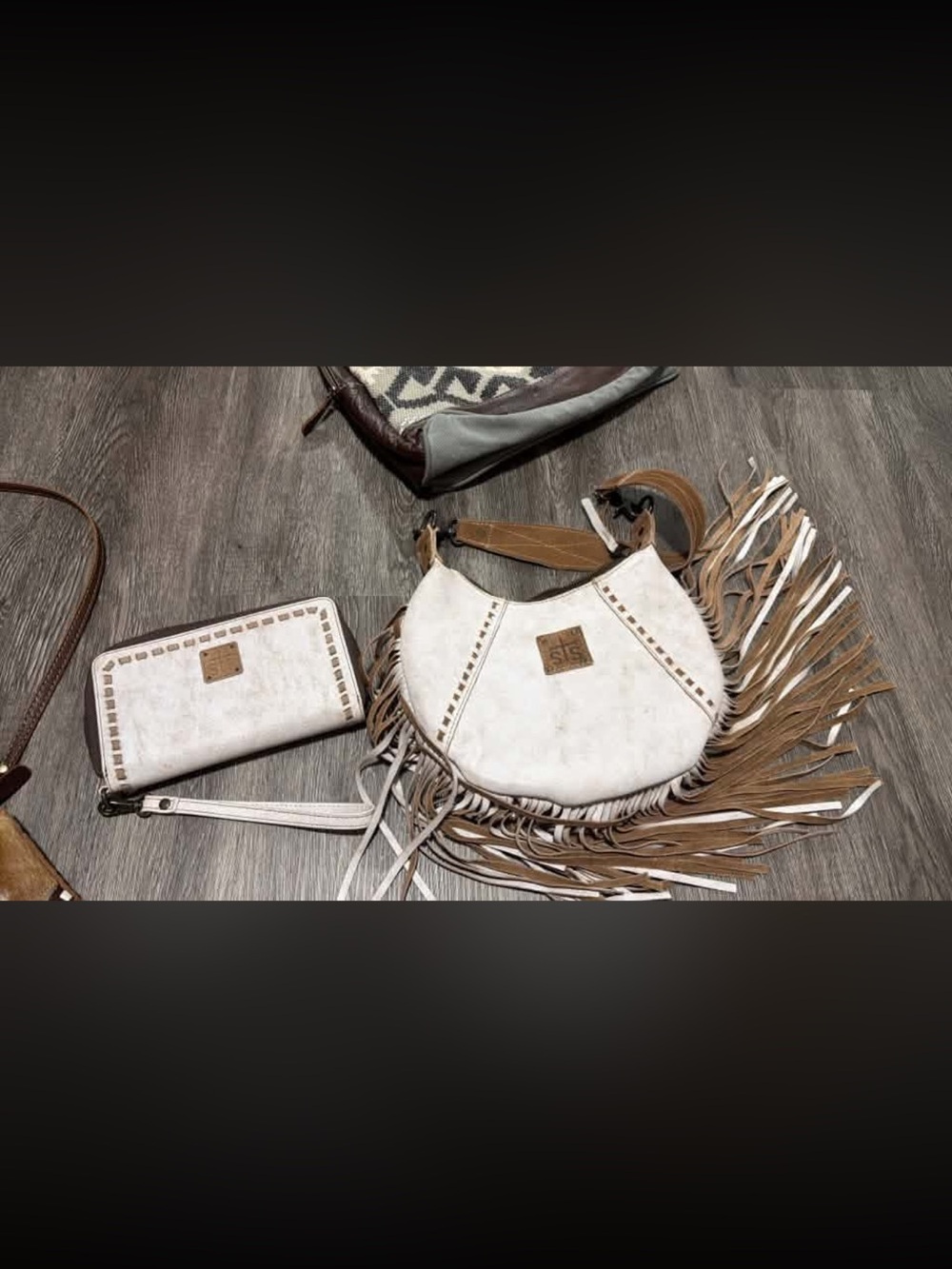 White and Tan Fringe Crescent Crossbody Bag with Matching Wallet - Boho Chic